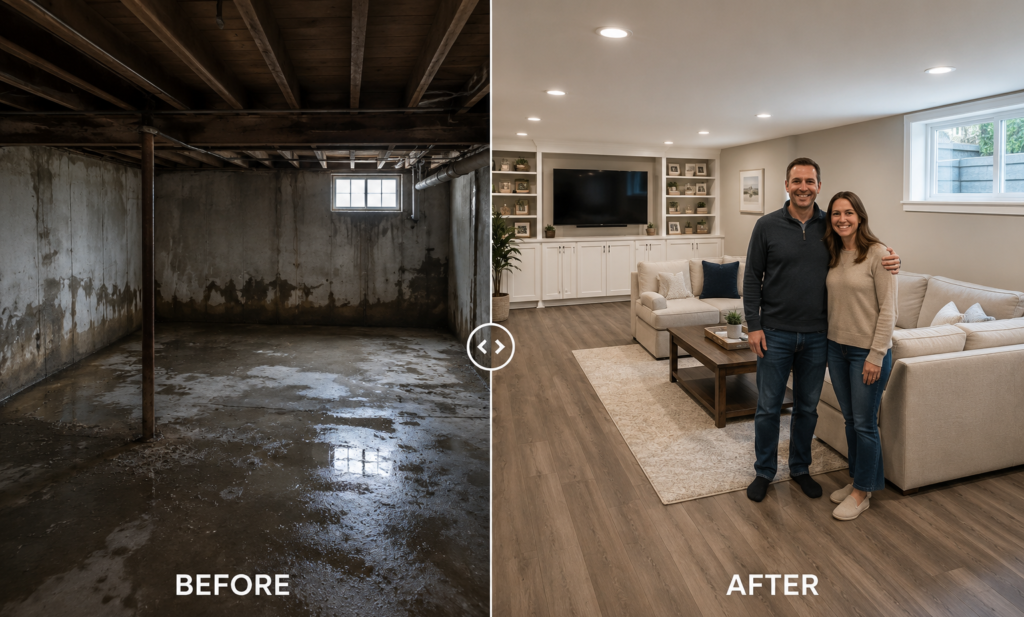 Before and after DIY basement renovation East Brunswick NJ - unfinished damp space transformed into finished family room by J Calvar Construction