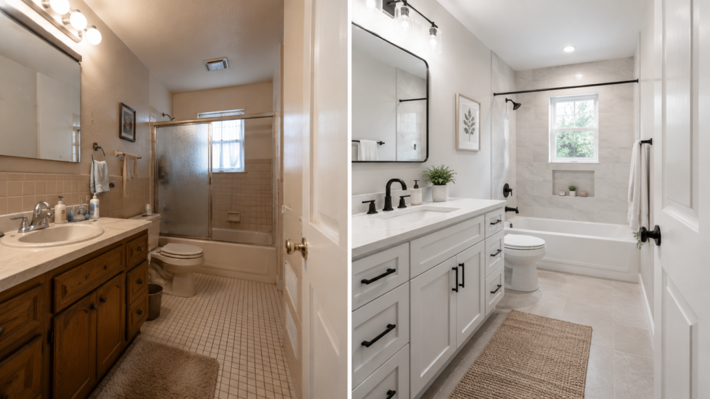 Before and After photo of Remodeled Bathroom on a Budget