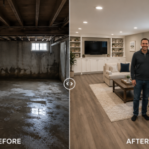 Before and after DIY basement renovation East Brunswick NJ - unfinished damp space transformed into finished family room by J Calvar Construction